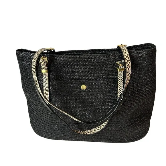 Eric Javitz women’s black straw tote bag with leather handles - Picture 3 of 7